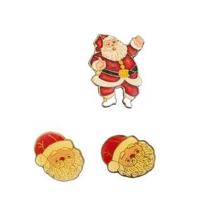 Vintage Santa Claus Pins Set - Red & Gold‎ Enamel Holiday Brooches